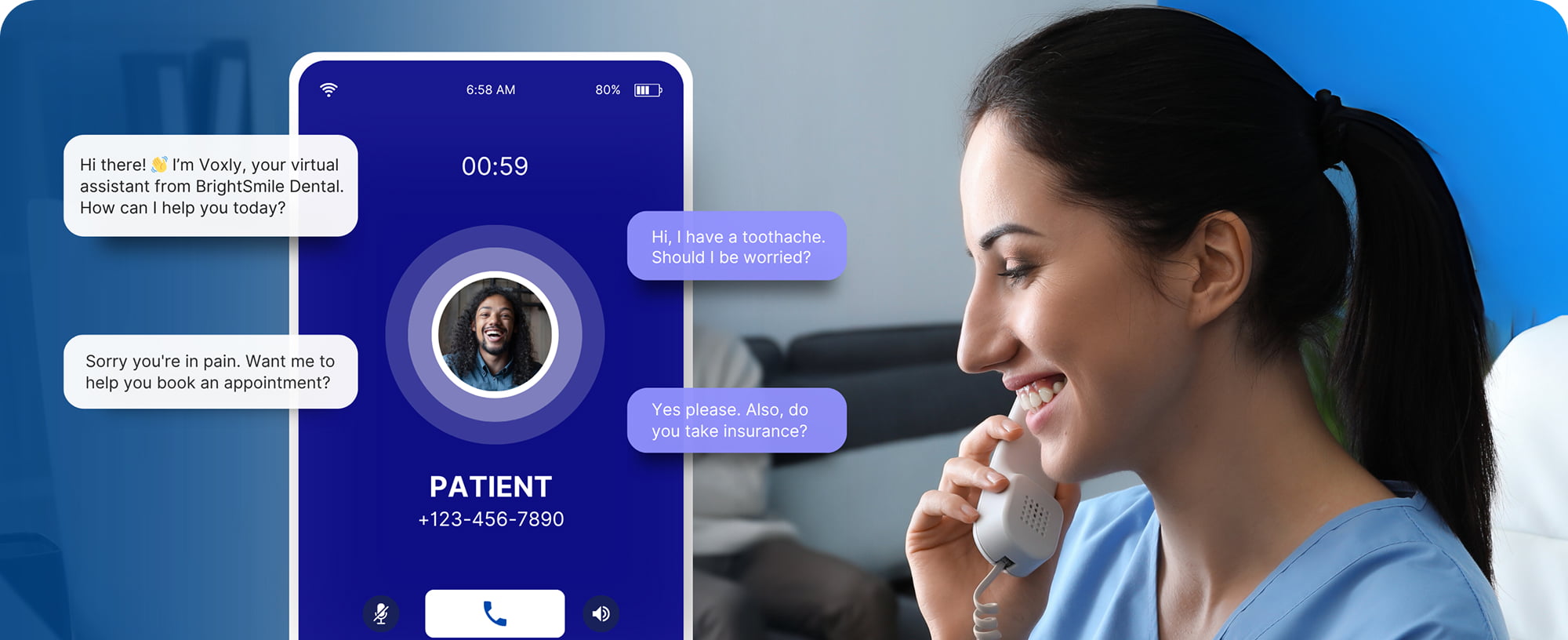 Voxly Flow Assistant talking to a patient.